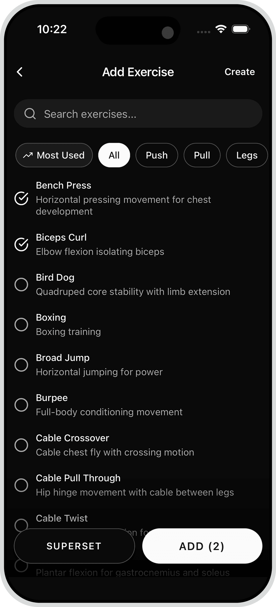 Max app showing exercise library