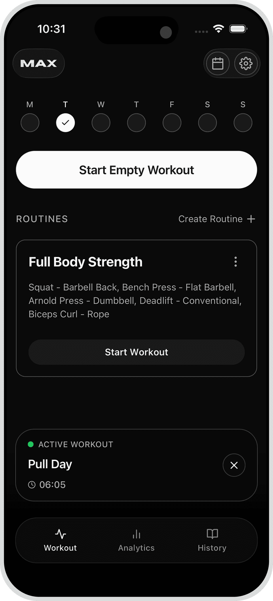 Max app showing workout routines