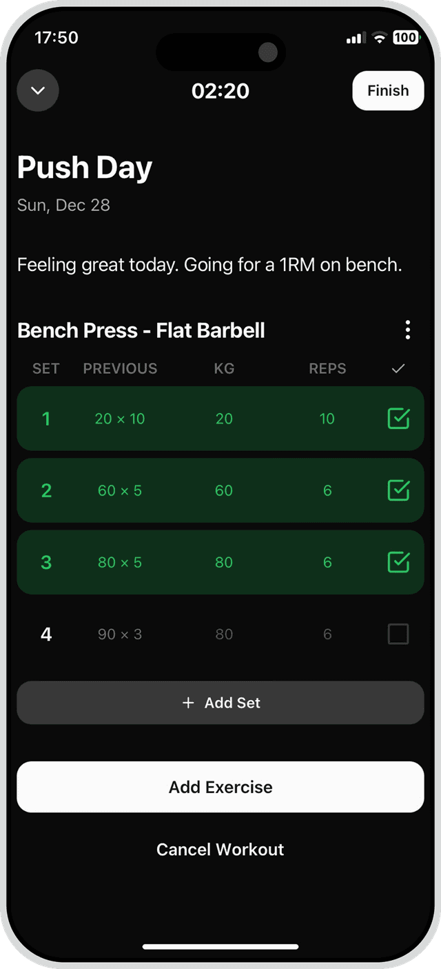 Max app showing workout tracking