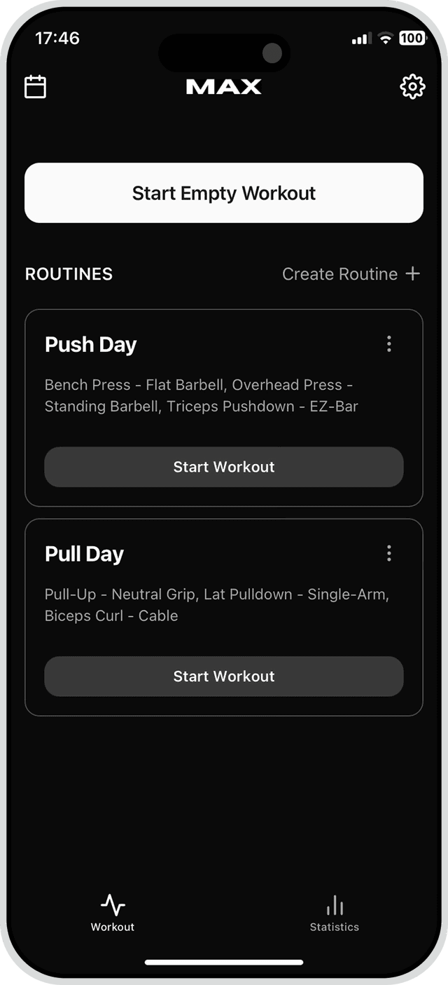 Max app showing workout routines