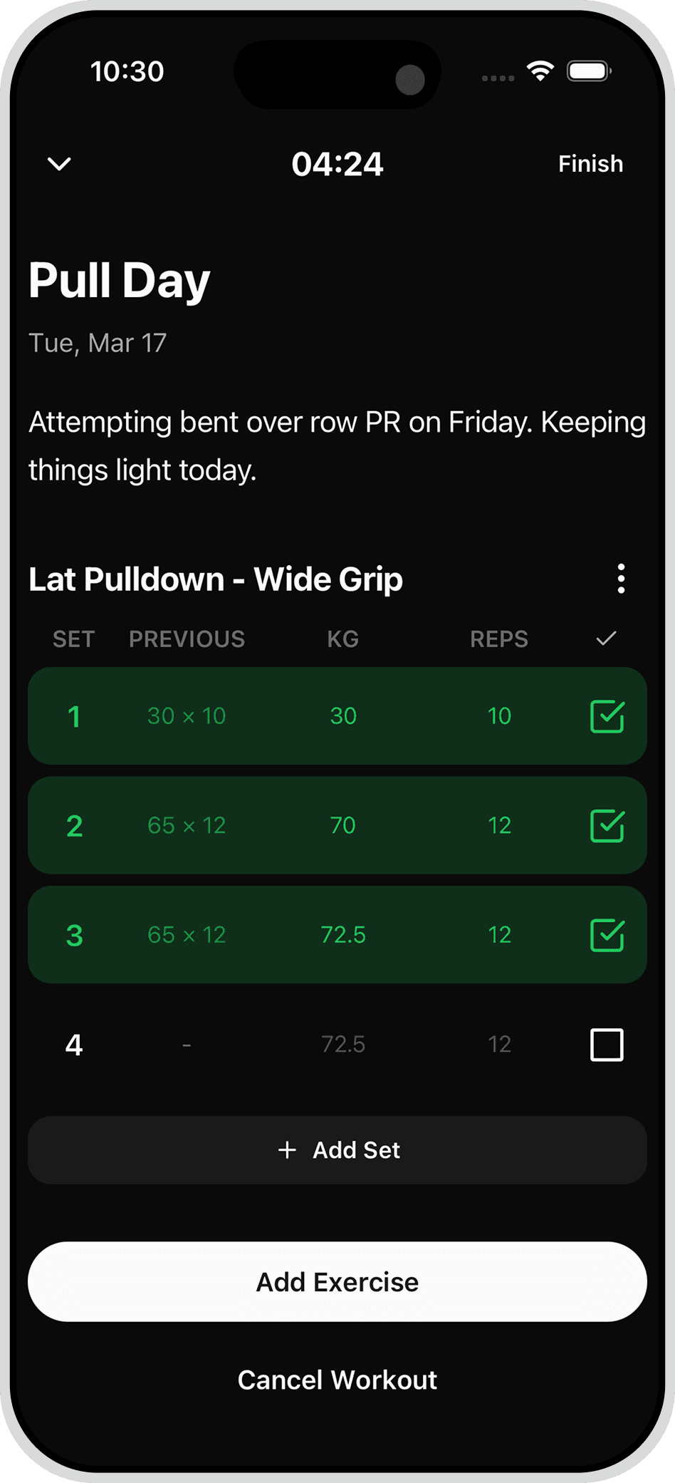 Max app showing workout tracking